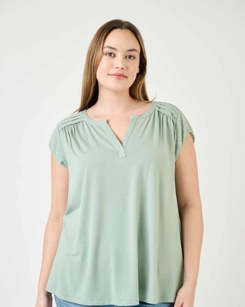 Front of a model wearing a size 3X Emmaline Cap Sleeve Top in Iceberg Green by Daniel Rainn. | dia_product_style_image_id:271849